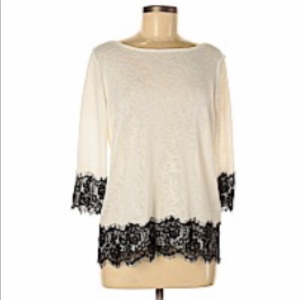 New York & Company white top black lace trim Med